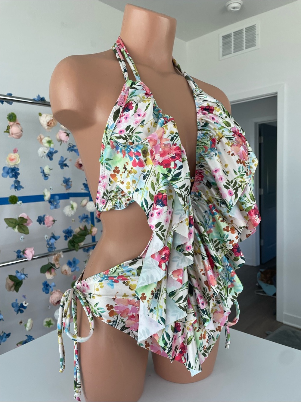 Ruffled Floral Halter One-Piece Swimsuit - Pink & Green - Picture 14 of 17
